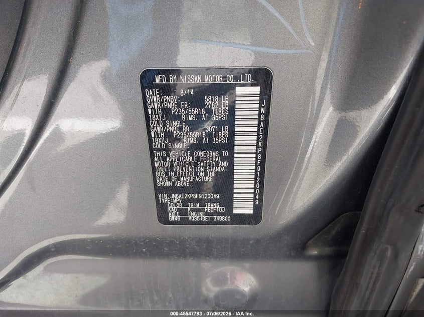 2015 Nissan Quest Platinum VIN: JN8AE2KP8F9120049 Lot: 45547793