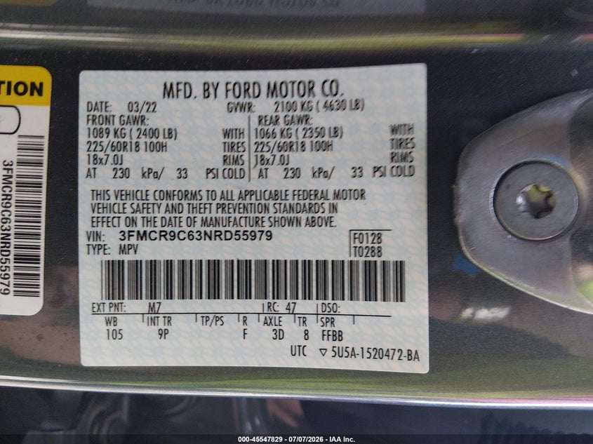 2022 Ford Bronco Sport Outer Banks VIN: 3FMCR9C63NRD55979 Lot: 45547829