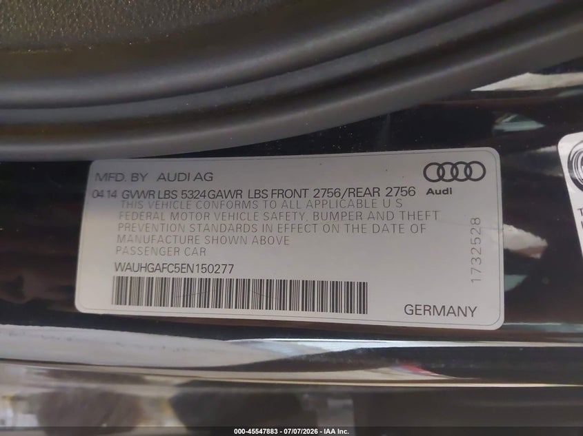 2014 Audi A6 3.0T Premium Plus VIN: WAUHGAFC5EN150277 Lot: 45547883