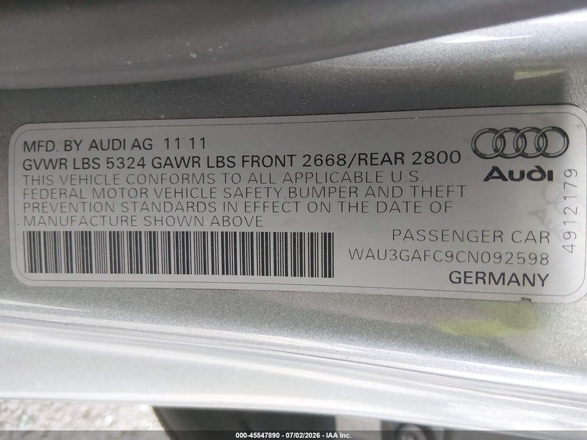 2012 Audi A7 3.0 Prestige VIN: WAU3GAFC9CN092598 Lot: 45547890