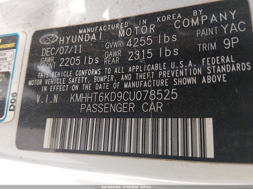 2012 Hyundai Genesis 2.0T VIN: KMHHT6KD9CU078525 Lot: 45547904