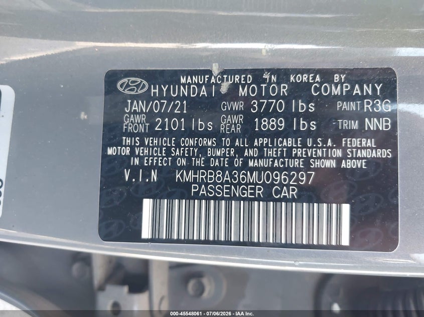 2021 Hyundai Venue Se VIN: KMHRB8A36MU096297 Lot: 45548061