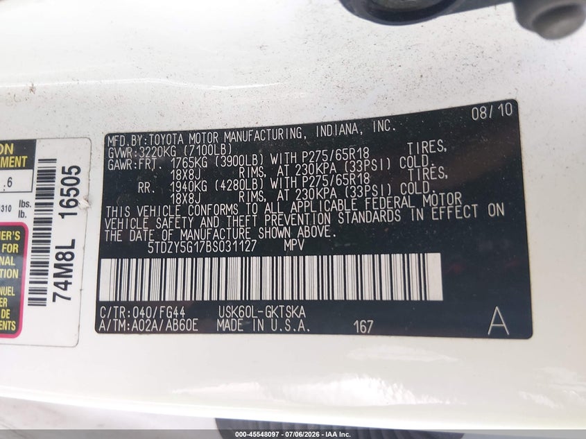 2011 Toyota Sequoia Sr5 5.7L V8 VIN: 5TDZY5G17BS031127 Lot: 45548097