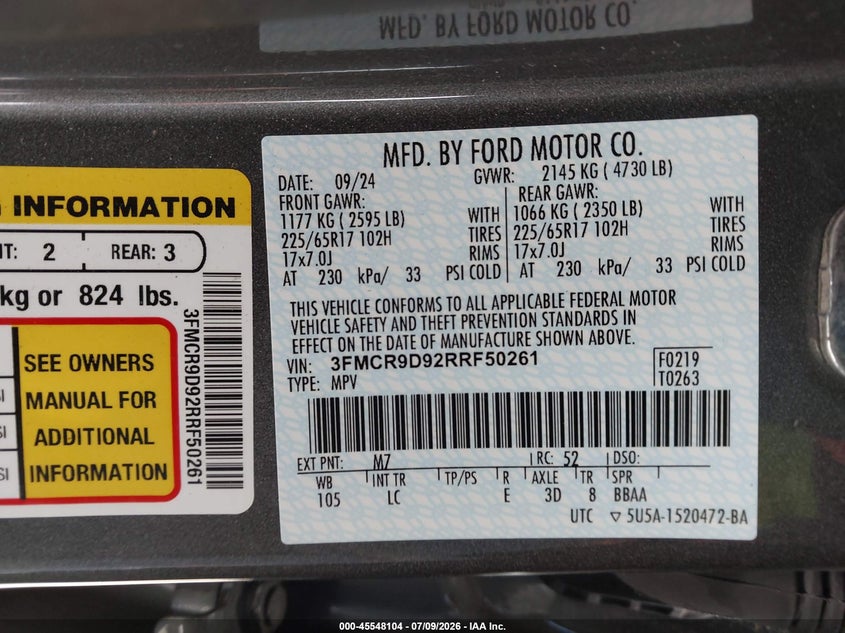 2024 Ford Bronco Sport Badlands VIN: 3FMCR9D92RRF50261 Lot: 45548104
