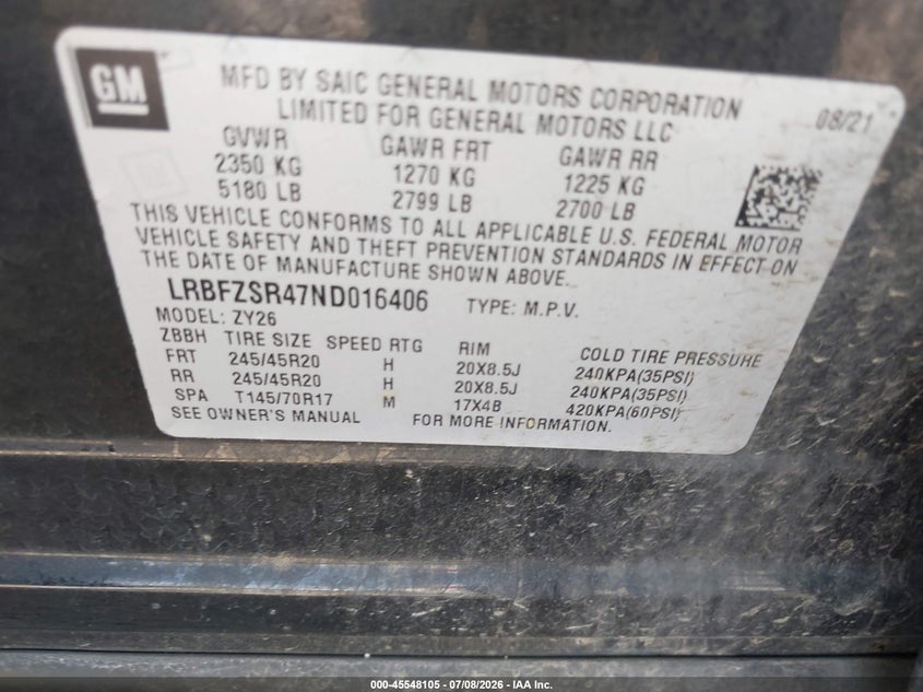 2022 Buick Envision Awd Avenir VIN: LRBFZSR47ND016406 Lot: 45548105