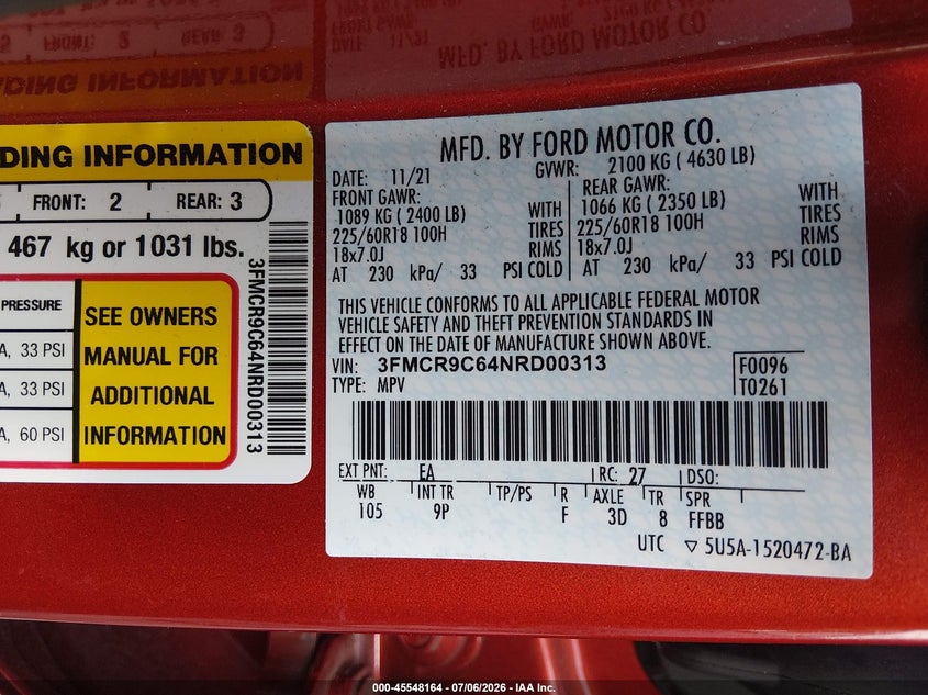 2022 Ford Bronco Sport Outer Banks VIN: 3FMCR9C64NRD00313 Lot: 45548164