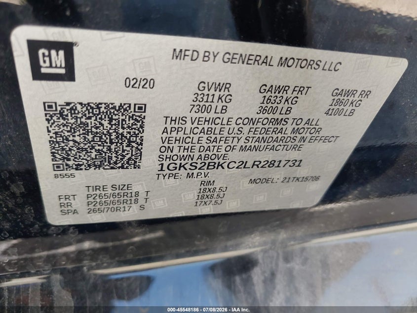 2020 GMC Yukon 4Wd Slt VIN: 1GKS2BKC2LR281731 Lot: 45548186