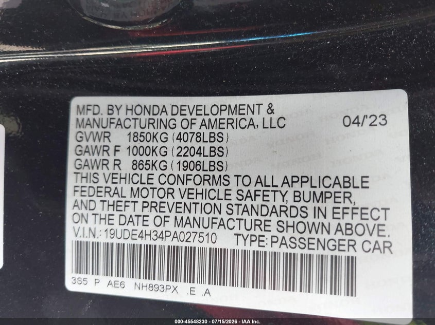 2023 Acura Integra A-Spec VIN: 19UDE4H34PA027510 Lot: 45548230