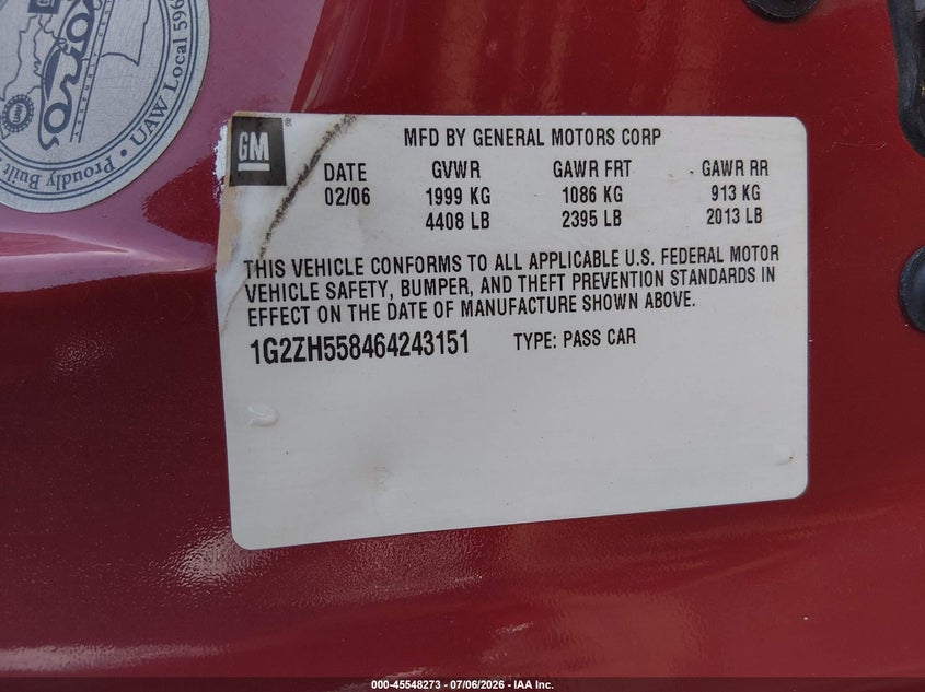 2006 Pontiac G6 Gt VIN: 1G2ZH558464243151 Lot: 45548273