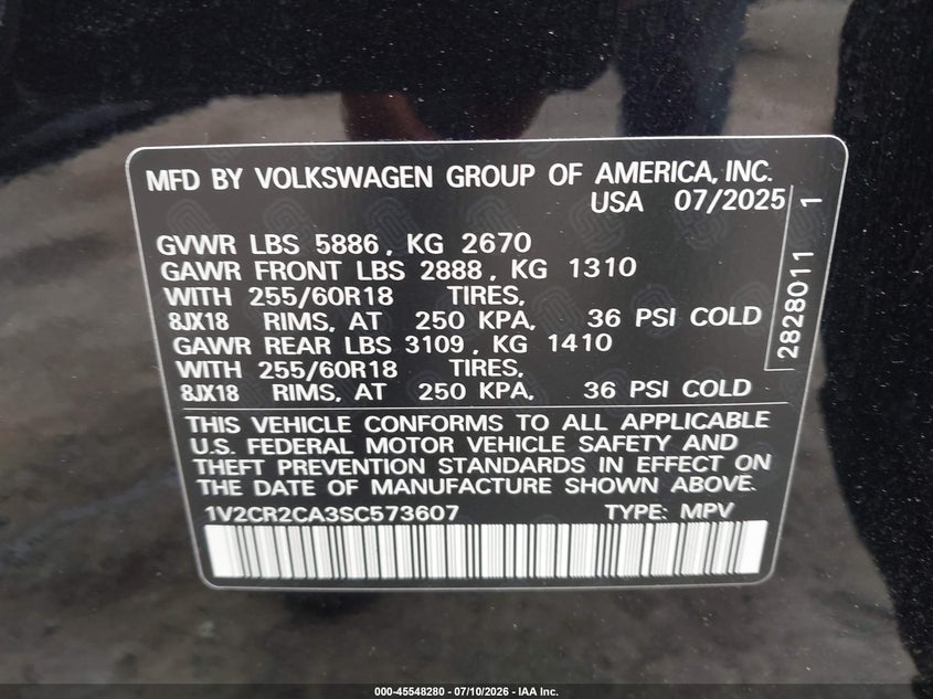 2025 Volkswagen Atlas 2.0T Peak Edition VIN: 1V2CR2CA3SC573607 Lot: 45548280