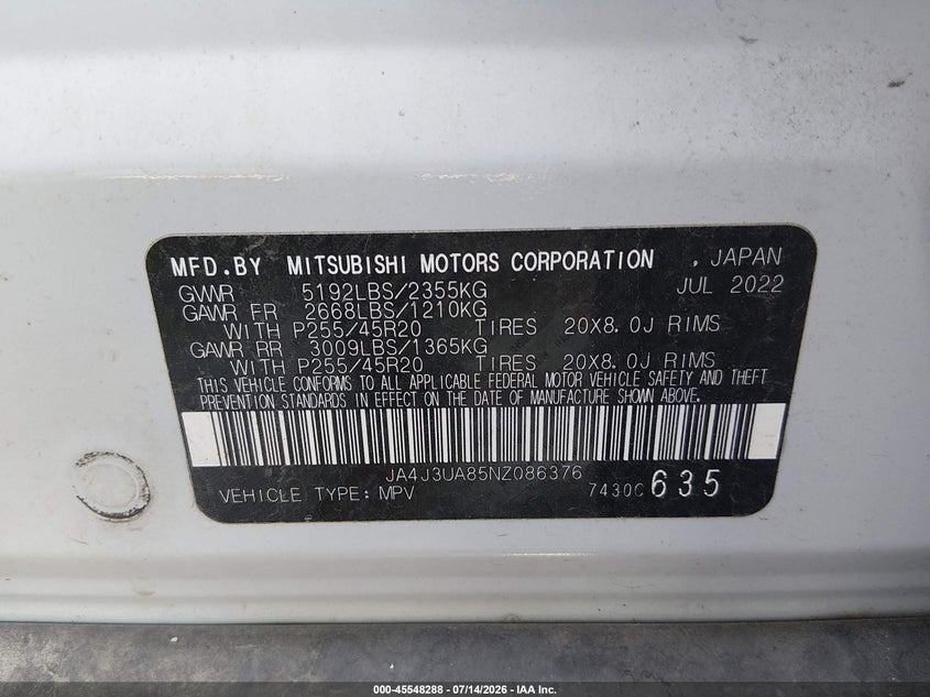 2022 Mitsubishi Outlander Black Edition 2Wd/Se 2.5 2Wd/Se Launch Edition 2Wd VIN: JA4J3UA85NZ086376 Lot: 45548288