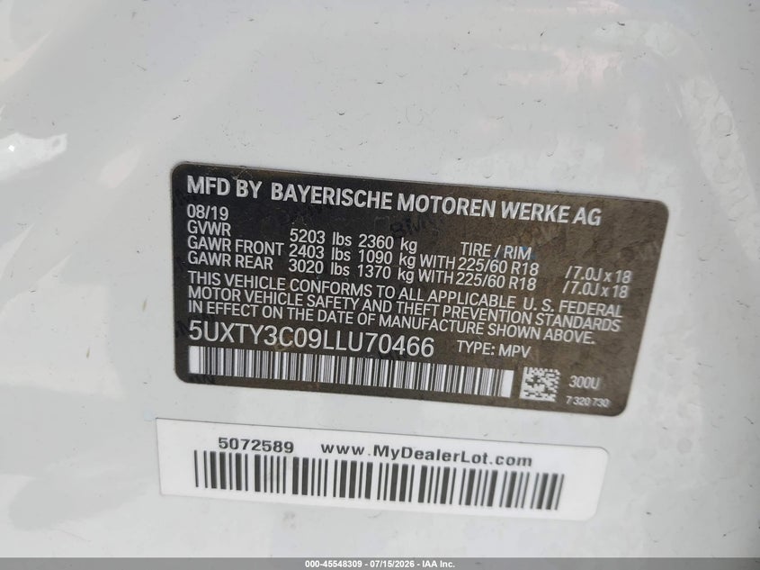 2020 BMW X3 Sdrive30I VIN: 5UXTY3C09LLU70466 Lot: 45548309