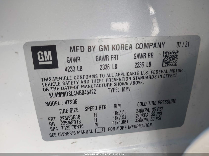 2022 Buick Encore Gx Fwd Select VIN: KL4MMDSL4NB045422 Lot: 45548327