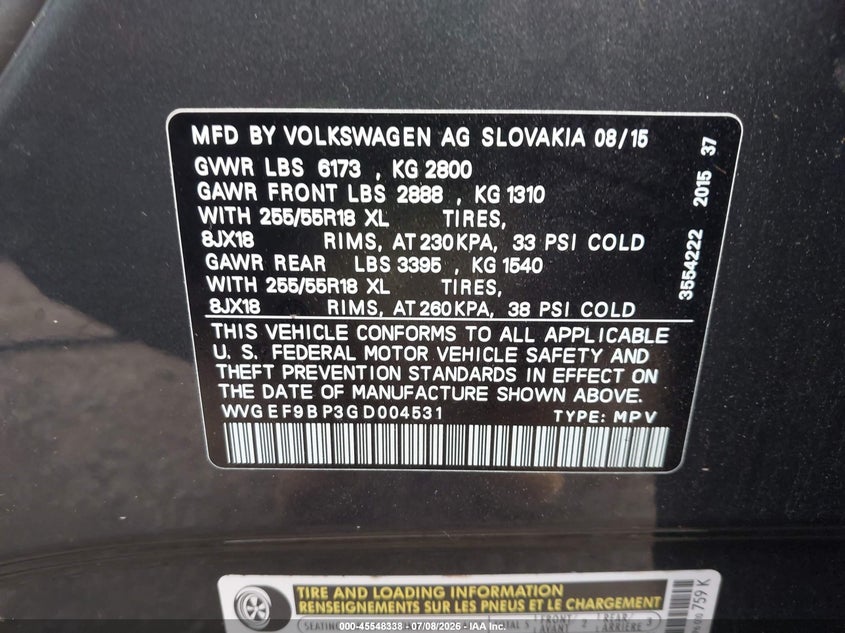 2016 Volkswagen Touareg Sport W/Technology VIN: WVGEF9BP3GD004531 Lot: 45548338