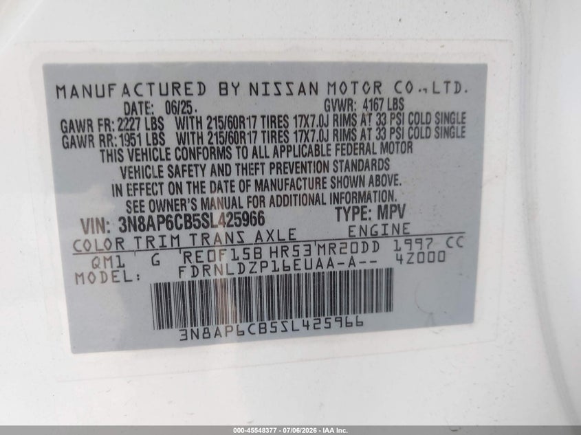 2025 Nissan Kicks Sv Intelligent Awd VIN: 3N8AP6CB5SL425966 Lot: 45548377