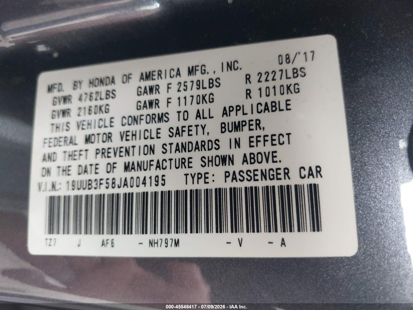2018 Acura Tlx Tech Pkg VIN: 19UUB3F58JA004195 Lot: 45548417