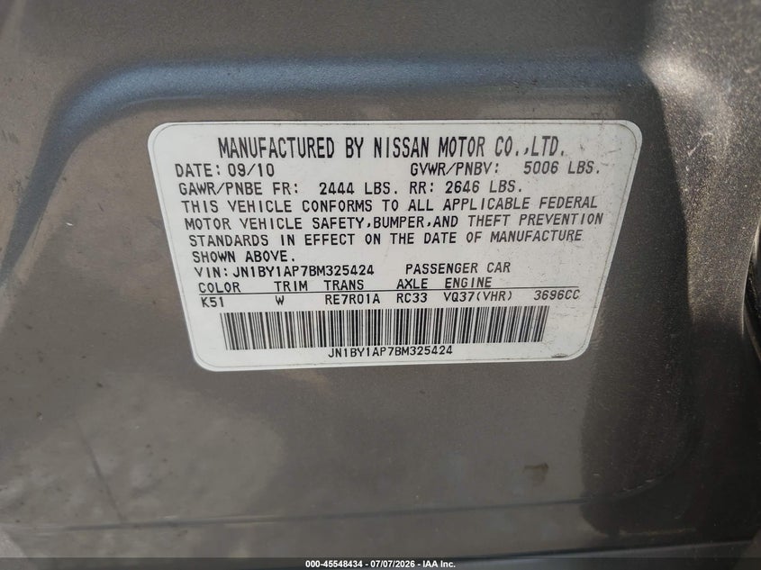 2011 Infiniti M37 VIN: JN1BY1AP7BM325424 Lot: 45548434