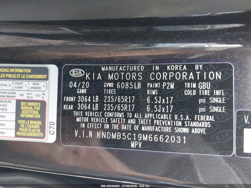 2021 Kia Sedona Lx VIN: KNDMB5C19M6662031 Lot: 45548465