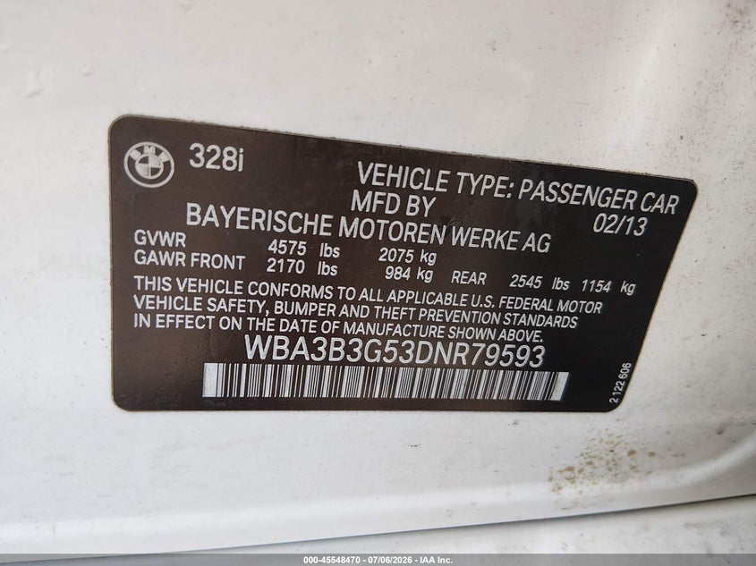 2013 BMW 328I xDrive VIN: WBA3B3G53DNR79593 Lot: 45548470
