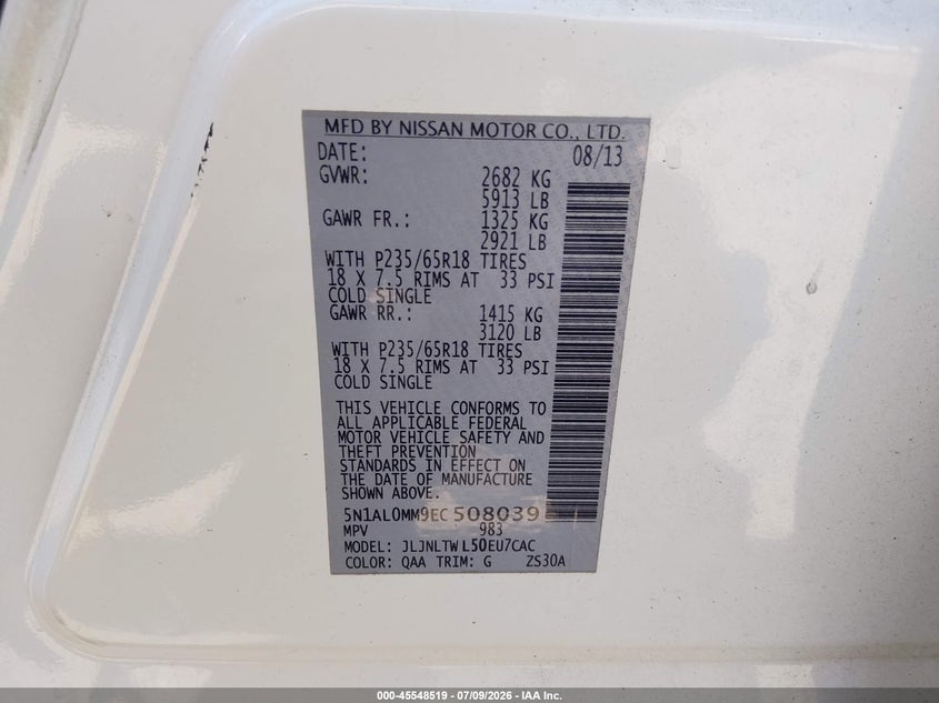 2014 Infiniti Qx60 VIN: 5N1AL0MM9EC508039 Lot: 45548519