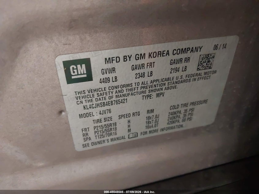 BUICK ENCORE 2014 VIN KL4CJHSB4EB765421