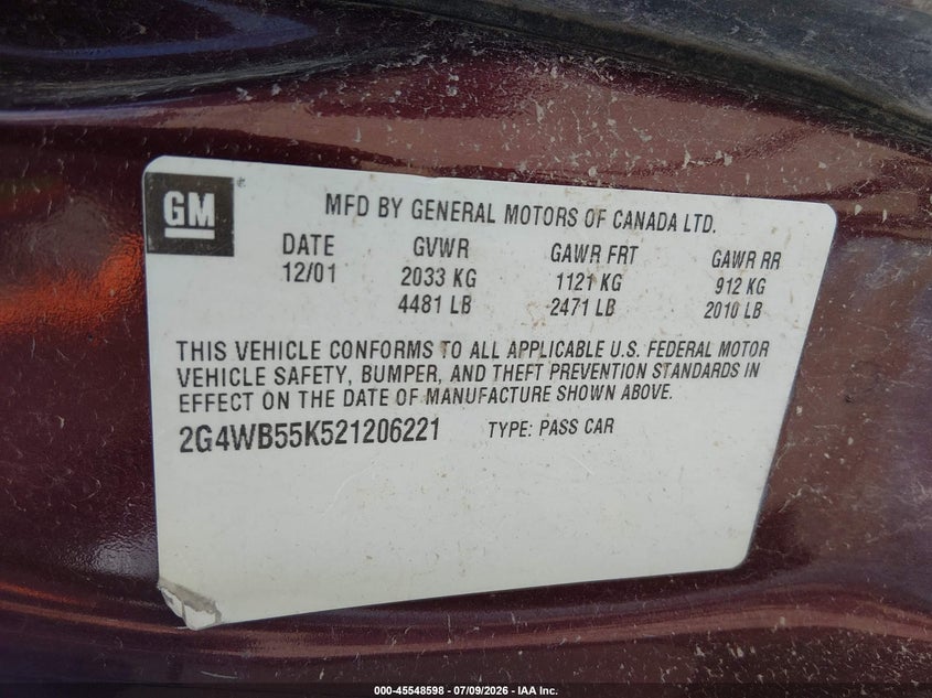 2002 Buick Regal Ls VIN: 2G4WB55K521206221 Lot: 45548598