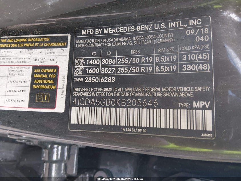 2019 Mercedes-Benz Gle 400 4Matic VIN: 4JGDA5GB0KB205646 Lot: 45548602