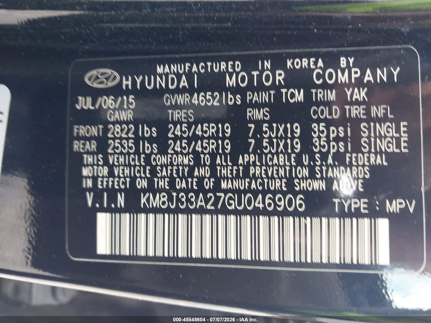 2016 Hyundai Tucson Limited VIN: KM8J33A27GU046906 Lot: 45548604