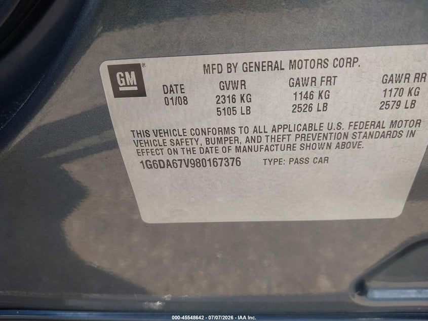 2008 Cadillac Sts Awd W/1Sb VIN: 1G6DA67V980167376 Lot: 45548642