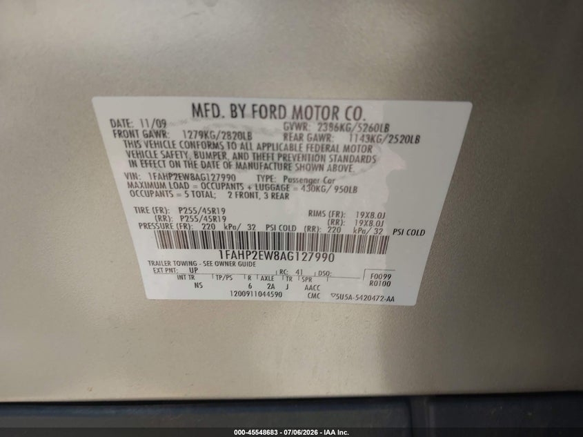 2010 Ford Taurus Sel VIN: 1FAHP2EW8AG127990 Lot: 45548683
