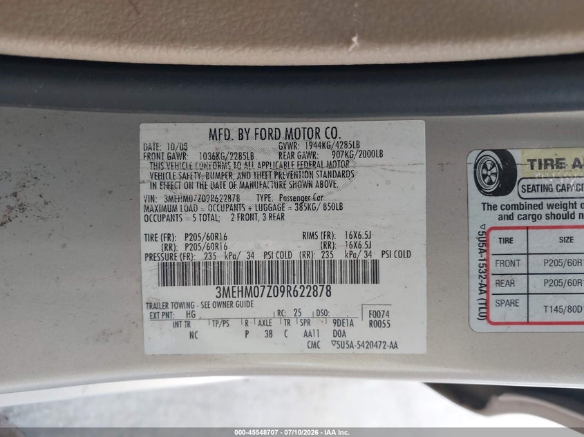 2009 Mercury Milan I4 VIN: 3MEHM07Z09R622878 Lot: 45548707