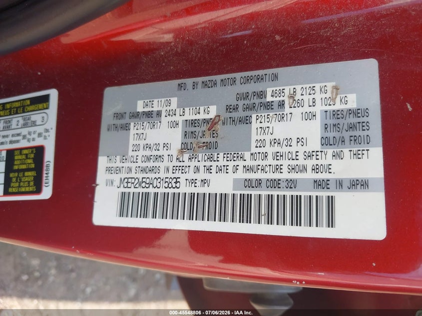 2010 Mazda Cx-7 I Sv VIN: JM3ER2W59A0315835 Lot: 45548806