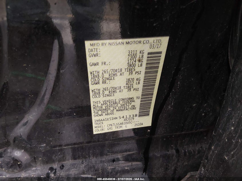 2017 Nissan Titan Sv VIN: 1N6AA1E51HN541338 Lot: 45548836