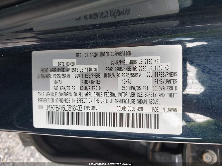 2020 Mazda Cx-5 Grand Touring Reserve VIN: JM3KFBAY6L0818433 Lot: 45548868