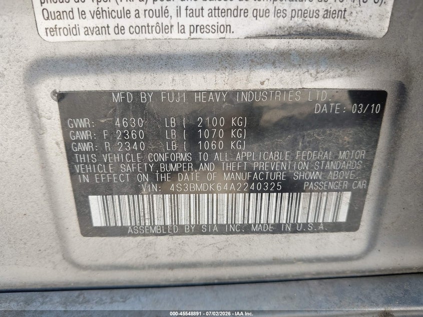 2010 Subaru Legacy 3.6R Limited VIN: 4S3BMDK64A2240325 Lot: 45548891