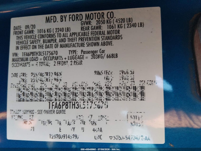2020 Ford Mustang Ecoboost Fastback VIN: 1FA6P8TH3L5175670 Lot: 45548960