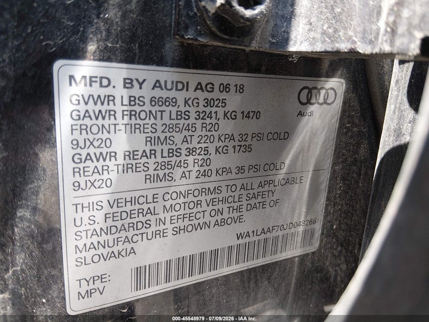 2018 Audi Q7 3.0T Premium VIN: WA1LAAF70JD048266 Lot: 45548979