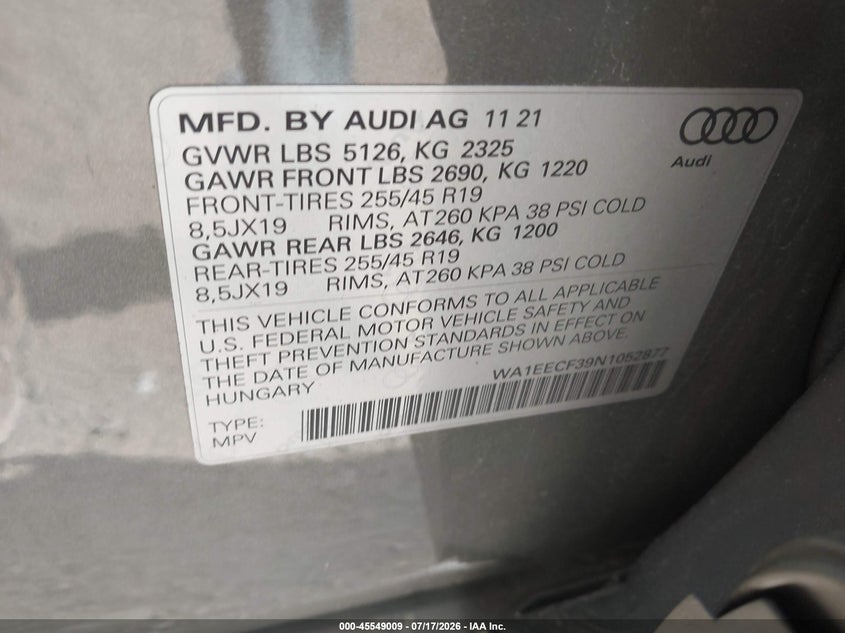 2022 Audi Q3 Premium Plus 45 Tfsi S Line Quattro Tiptronic VIN: WA1EECF39N1052877 Lot: 45549009