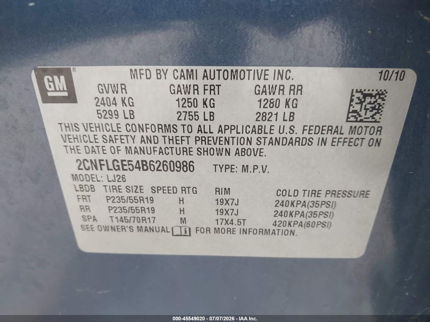 2011 Chevrolet Equinox Ltz VIN: 2CNFLGE54B6260986 Lot: 45549020