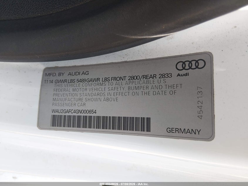 2016 Audi A7 3.0 Prestige VIN: WAU2GAFC4GN000654 Lot: 45549026
