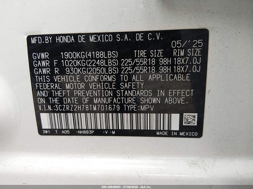 2026 Honda Hr-V Awd Ex-L VIN: 3CZRZ2H78TM701679 Lot: 45549093