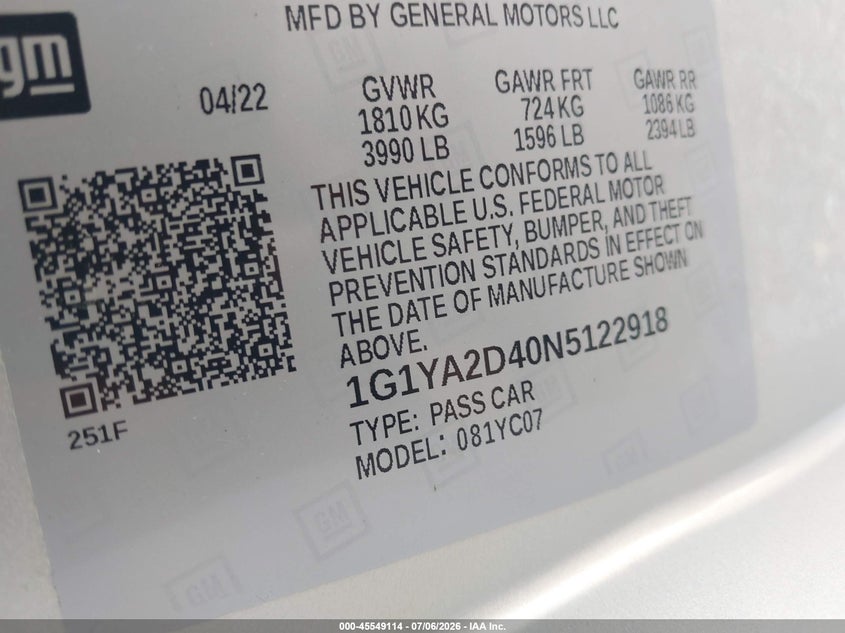 2022 Chevrolet Corvette Stingray Rwd 1Lt VIN: 1G1YA2D40N5122918 Lot: 45549114