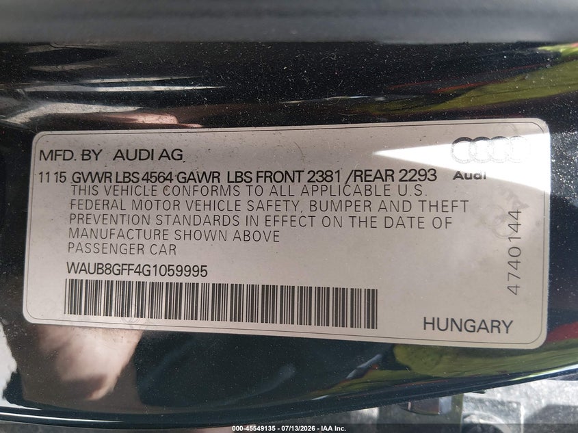 2016 Audi A3 2.0T Premium VIN: WAUB8GFF4G1059995 Lot: 45549135