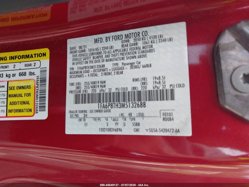 2021 Ford Mustang Ecoboost Premium Fastback VIN: 1FA6P8TH3M5132688 Lot: 45549137