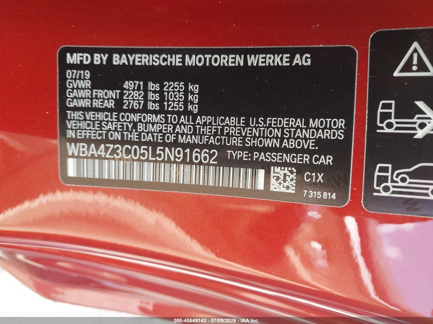 2020 BMW 430I xDrive VIN: WBA4Z3C05L5N91662 Lot: 45549143