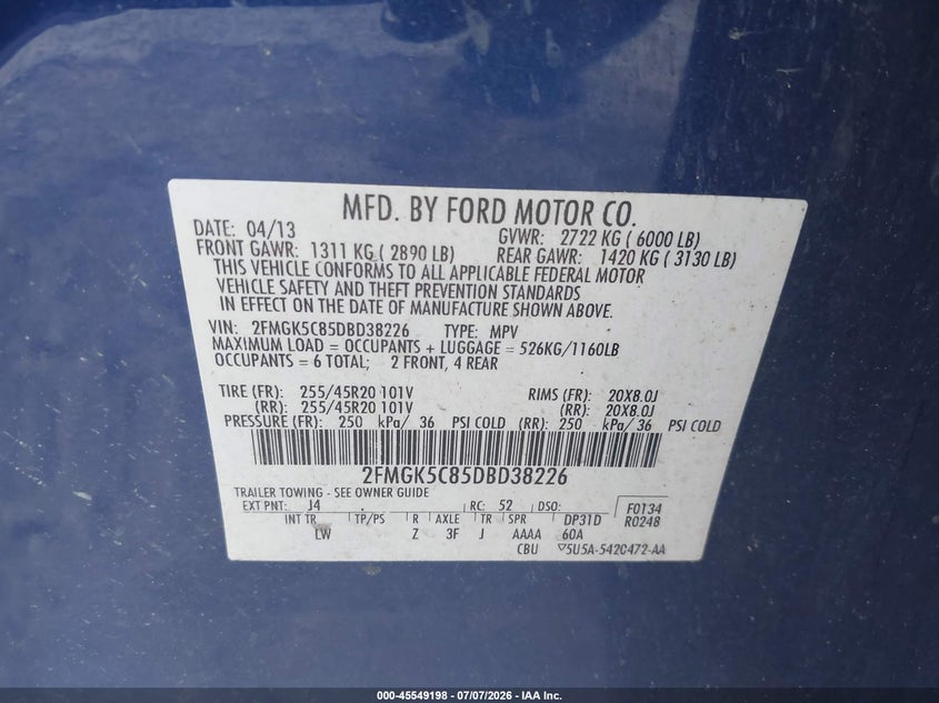 2013 Ford Flex Sel VIN: 2FMGK5C85DBD38226 Lot: 45549198