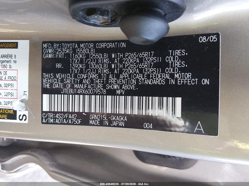 2006 Toyota 4Runner Sr5 V6 VIN: JTEBU14RX60079578 Lot: 45549235