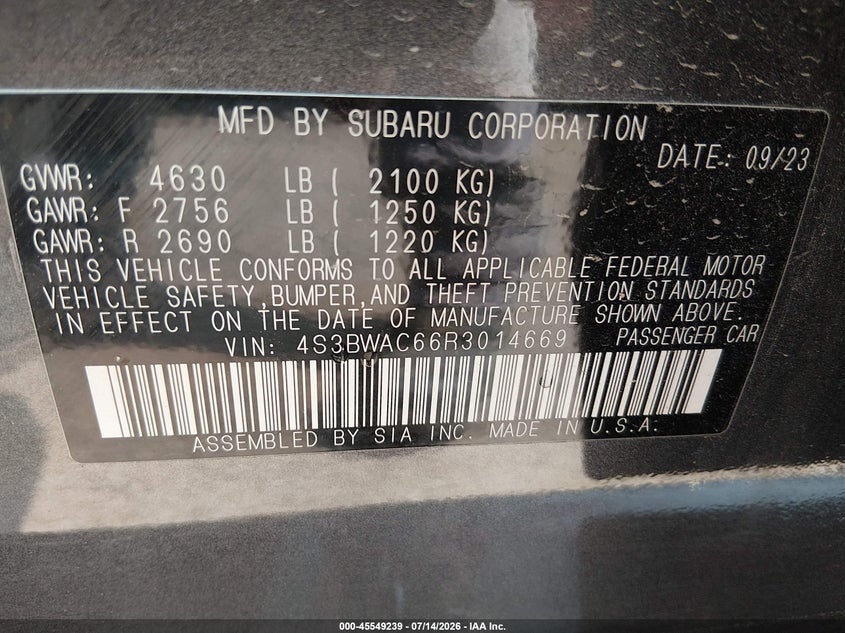 2024 Subaru Legacy Premium VIN: 4S3BWAC66R3014669 Lot: 45549239