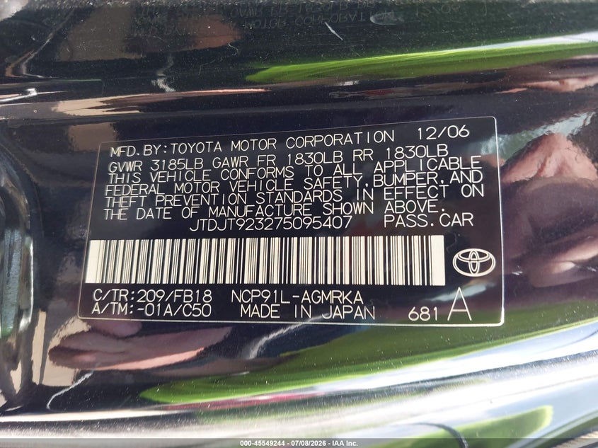 2007 Toyota Yaris VIN: JTDJT923275095407 Lot: 45549244