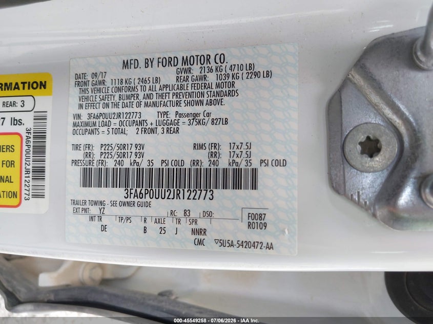 2018 FORD FUSION SEDAN 2.0L I-4 DOHC, VVT, 141HP